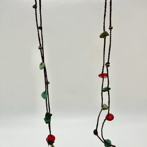 Boho Beaded Wrap Necklace Turquoise Style Red Glass Brass Tone Long Layered Cord - Picture 5 of 6